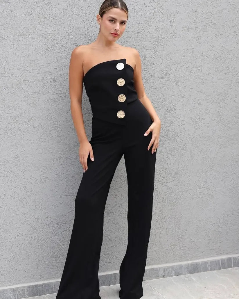 Solid Color Tube Top Gold Button Embellished Bootcut Jumpsuit